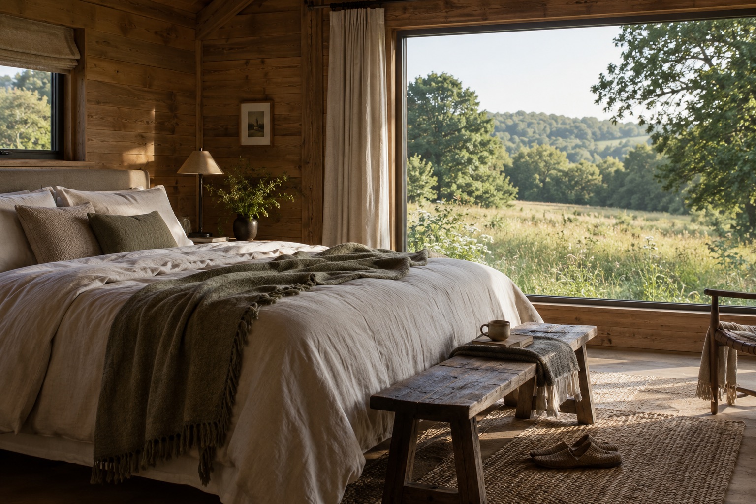 Concept image of a calm timber cabin bedroom overlooking a meadow